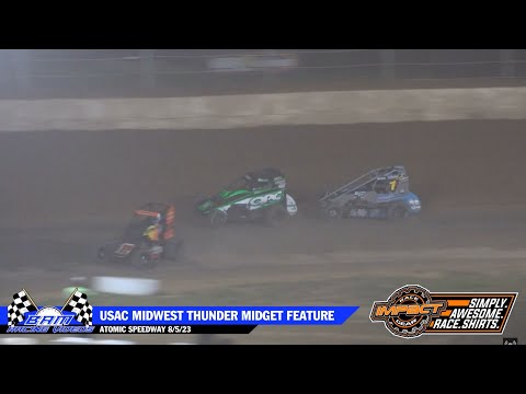 USAC Midwest Thunder Midget Feature - Atomic Speedway 8/5/23 - dirt track racing video image