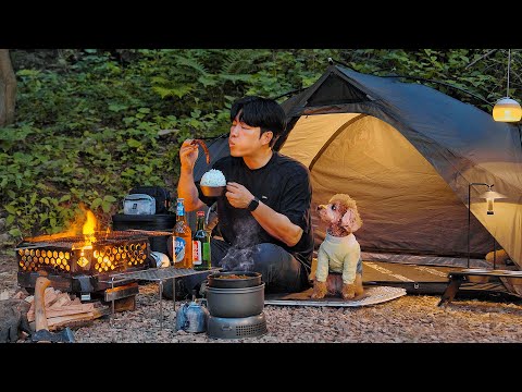 Camping in Forest with My Dog . Korean Spicy Grilled Pork Belly . Wood Stove ASMR