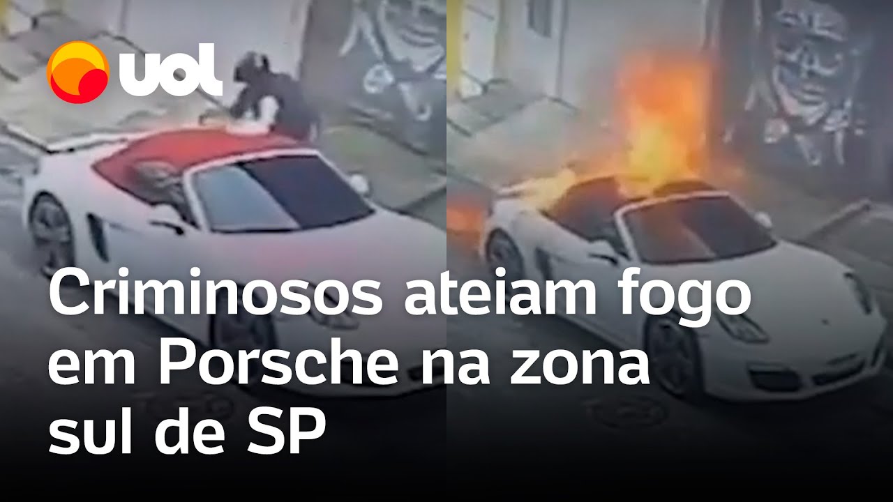 Porsche é incendiada por dupla de criminosos em moto na zona sul de São Paulo; vídeo flagra a ação