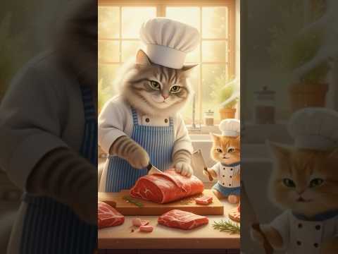 female cat cutting a meat🥩 carelessness end in sorrow #ai#cat #funny #animation #india #uk