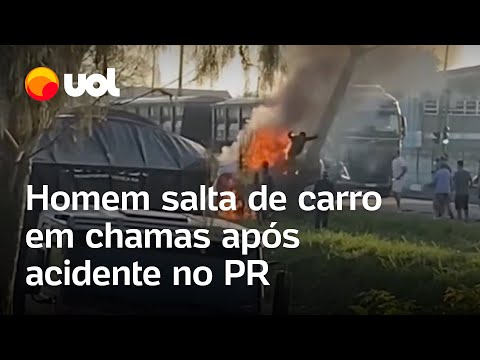 Homem salta de carro em chamas após acidente em Paranaguá (PR); vídeo mostra momento