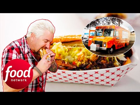 Guy Tries Root Beer Pulled Pork Sandwich At Unique California Food Truck | Diners Drive-Ins & Dives