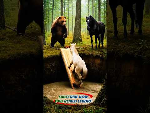 A bear saves a horse’s baby from a big hole in the ground.🐎 🐻🐴