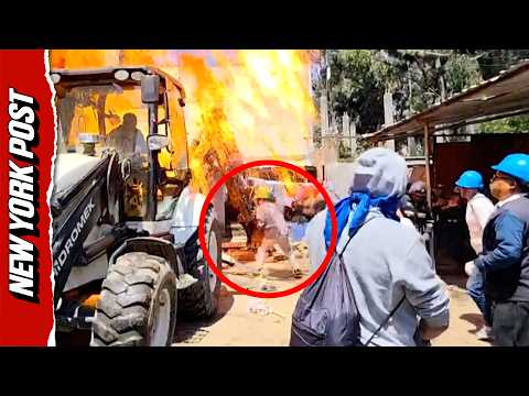 Shocking Moment Fiery Gasoline is Tossed Onto Unsuspecting Workers During Eviction in Peru