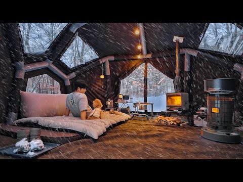 Camping in Snow Storm with My Dog . New Inflatable Tent . Wood Stove ASMR