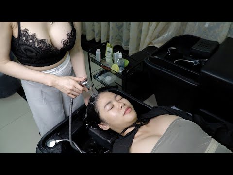 No sound Young girl Great massage and shampoo, head massage and hair cleaning every day with Linn