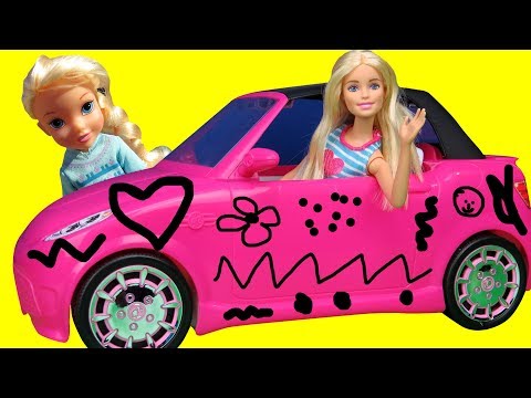 Elsa and Anna toddlers DRAW on Barbie's NEW Car! Does Barbie allow them? They draw cute things - UCQ00zWTLrgRQJUb8MHQg21A