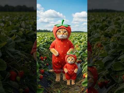 Mama Cat & Kitten Growing and Eating Strawberries 🐱🍓🐾