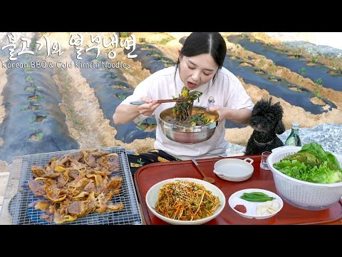 Real Mukbang:) Korean BBQ & Cold Kimchi Noodles eaten at a country house ☆ Soju