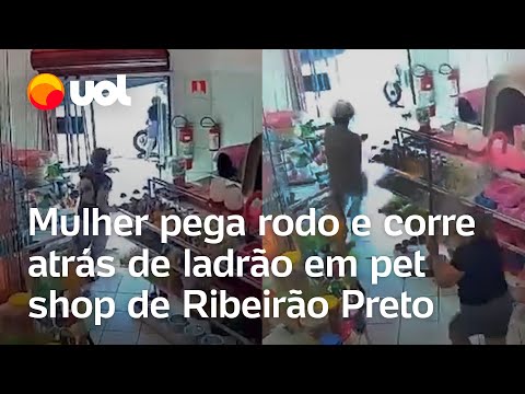 Dona de pet shop corre atrás de ladrão com rodo durante assalto em Ribeirão Preto, São Paulo; vídeo