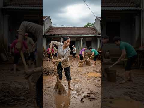 Cảnh người dân quét dọn bùn đất trong sân nhà, sau mưa lũ 2025 quê việt nam