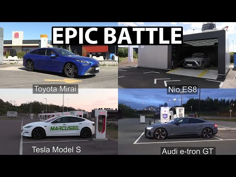 Toyota Mirai refueling hydrogen vs Nio battery swap, Tesla supercharging and Audi on Ionity