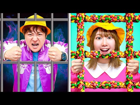 【対決】たすけて〜><警察にタイホされちゃった!?悪い子 vs 警察!おもしろお絵描きやギャグで笑わせろ!小学生と幼稚園児力を合わせてお菓子の牢屋を脱出だ!