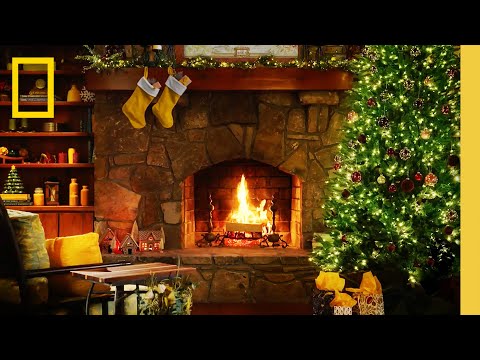 1 HOUR Crackling Fireplace & Holiday Background Music Ambience | Nat Geo