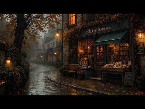 Cozy Bookstore Ambience in Rainy Victorian Street | Autumn Dark Academia for Study, Relax, Focus