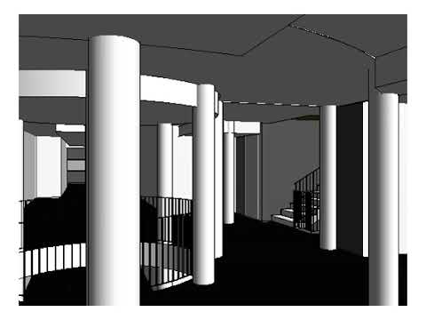 Nisshin Kogyo Arch. Design Competition. Tokyo Giappone 2021. Vista animata del primo livello interrato, Edificio a Torre.
