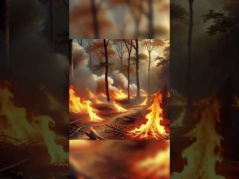 A forest fire rages through a woodland with tall trees, orange flames, and thick smoke rising