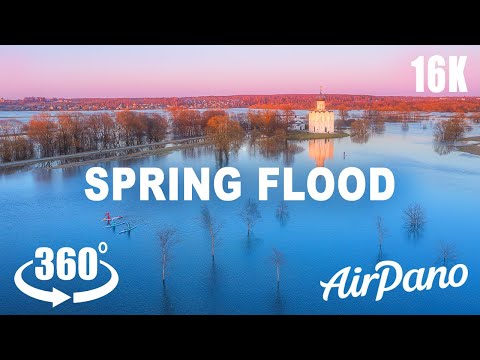 Church of the Intercession on the River Nerl in spring flood. Aerial
360 video in 16K