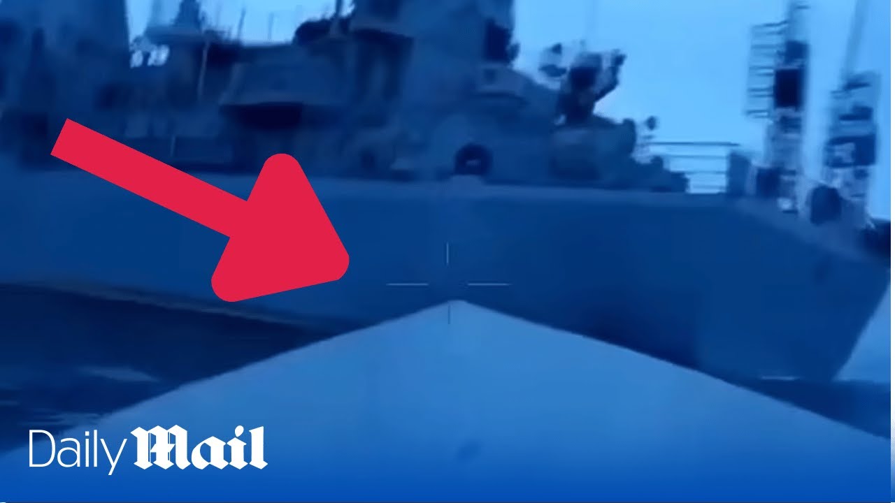 Moment Ukraine kamikaze sea drone smashes into Russian spy ship Ivan Khurs