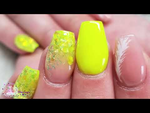 Neon Yellow Nails with Hand Painted Art