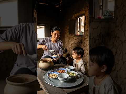 Người mẹ múc cơm cho con trong gian bếp đất cuộc sống làng quê việt nam