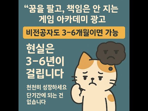 꿈을 팔고, 책임은 안 지는 게임 아카데미 광고, 비전공자도 3~6개월이면 가능 현실은 3~6년이 걸립니다 ( 천천히 성장하세요  단기간에 되는건 없습니다)