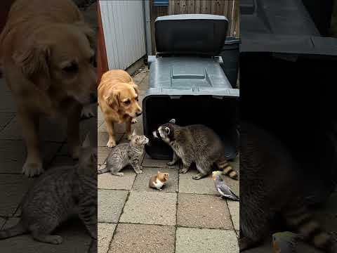 Raccoon under investigation by adorable pet squad 🐭🐕🐦