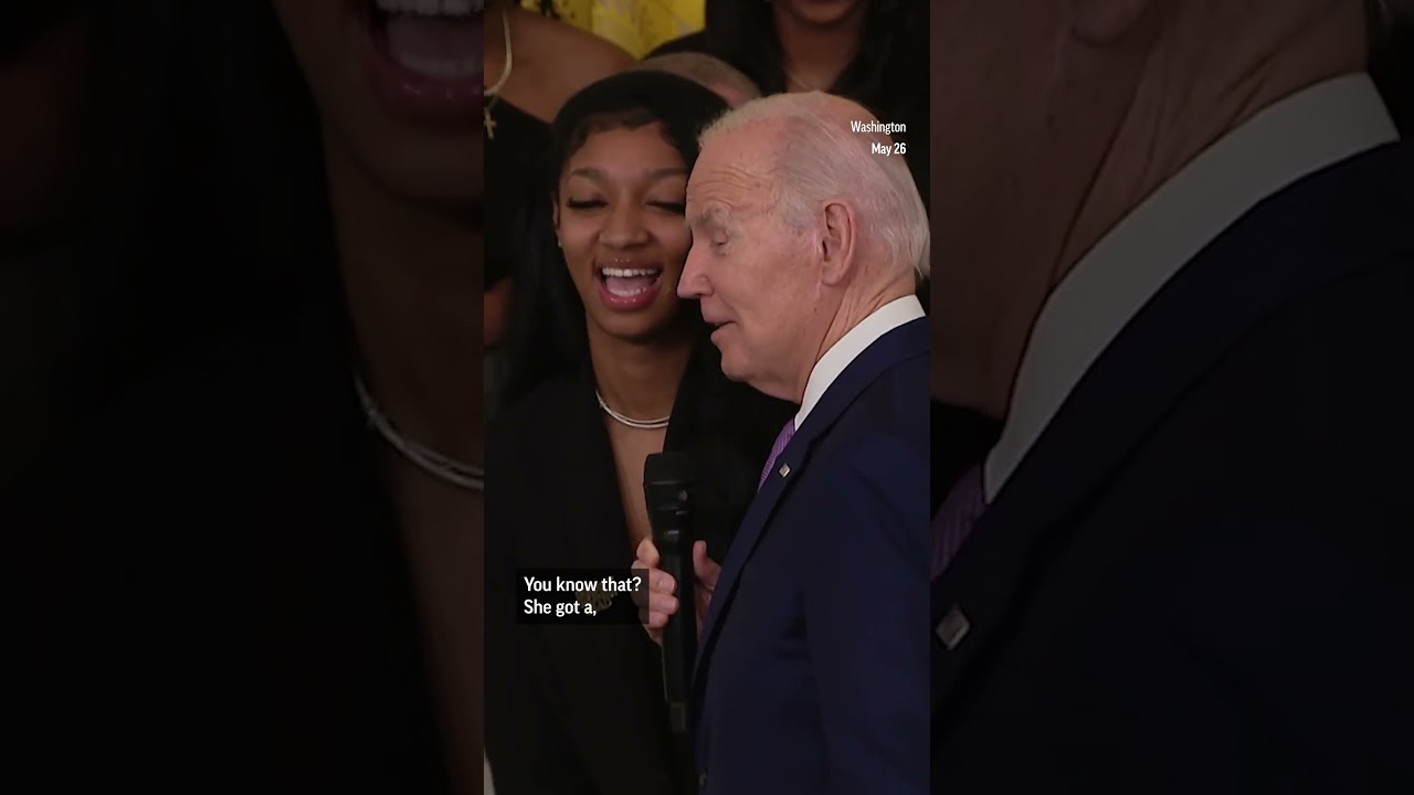 Biden tells Angel Reese he’s betting on her to beat her cousin Jordan Hawkins one-on-one. #shorts
