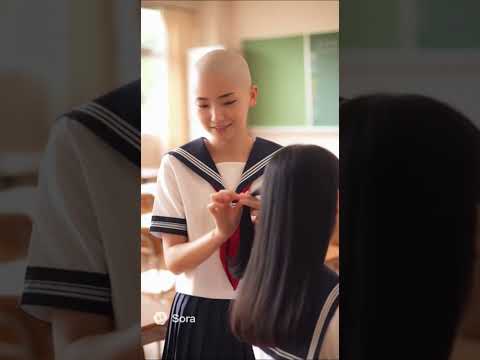 友達の長い髪を整えてあげるスキンヘッド女子中学生。生成ai。bald hair junior high scoool girl