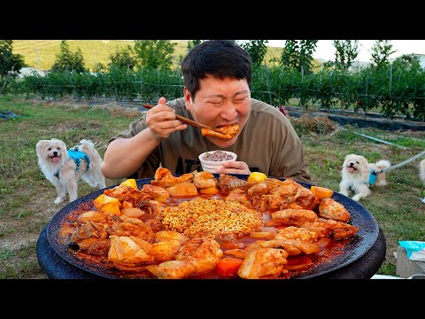 맛있게 요리한 [솥뚜껑 닭볶음탕]에 라면사리 퐁당~ (Braised chicken with instant noodles) 요리&먹방!! - Mukbang eating show