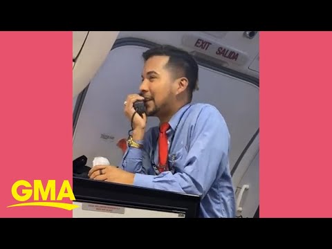 Flight attendant entertains delayed passengers with hilarious safety instructions l GMA