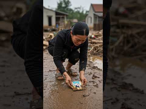 Một người phụ nữ cầm tấm hình gia đình giữa bùn đất sau mùa lũ 2025 việt nam
