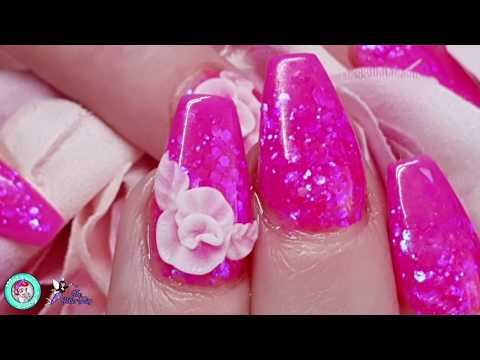 Bright Pink Acrylic Nails with 3D Flower