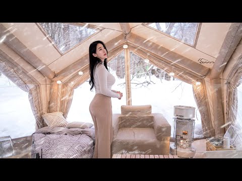 COZY CAMPING IN AN AIR TENT COVERED IN SNOW | CAMP ASMR