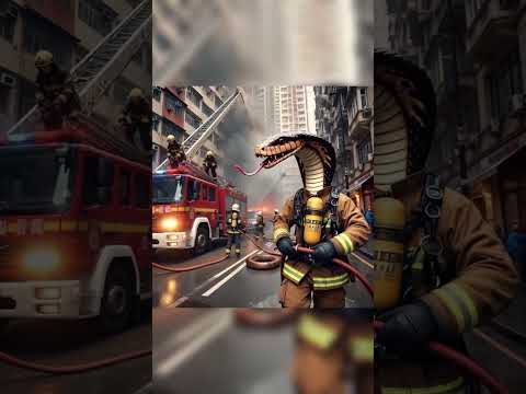 A surreal scene features a firefighter with a cobra head holding a hose #airport #respect #firehose