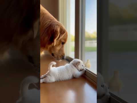 The Puppy and the Duck — So Close, Yet So Far 💔子犬とアヒル…近いのに、遠い存在。 #cutepets #cute #goldenretreivers